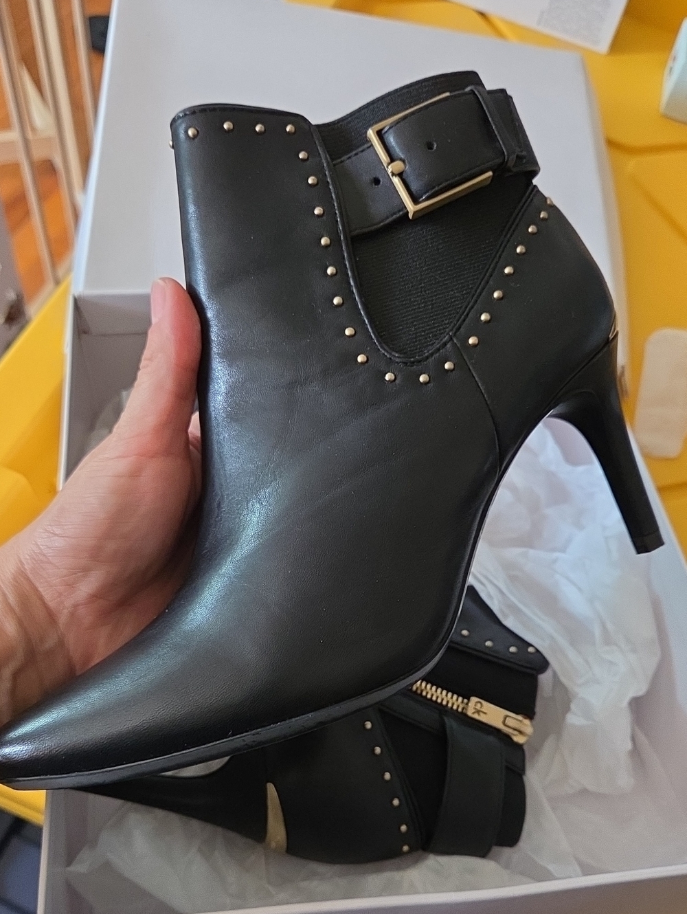 Women’s Black Leather Studded Ankle Booties with Gold Zipper